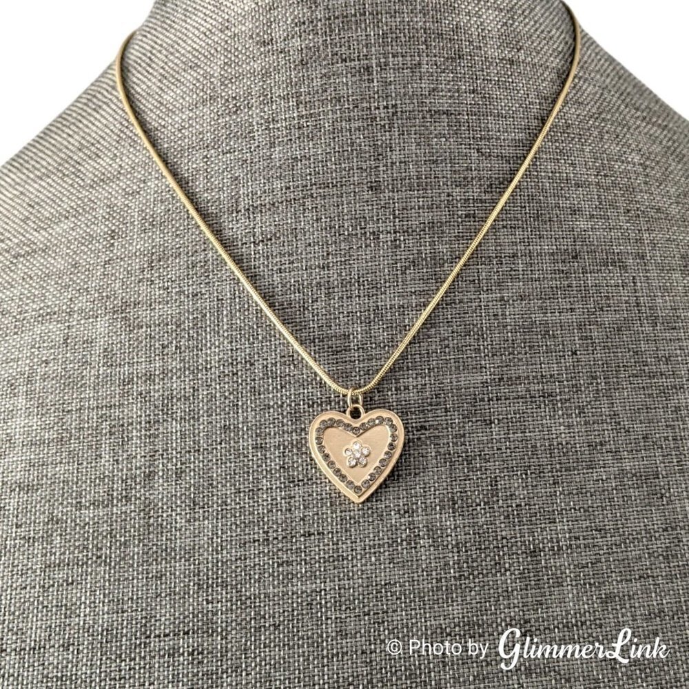 Heart Flower Crystals Gold Tone Pendant Necklace
